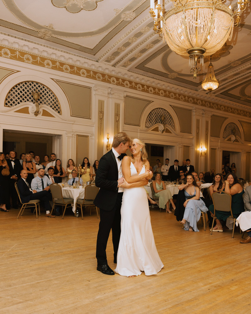 first dance with bride and groom in a ballroom